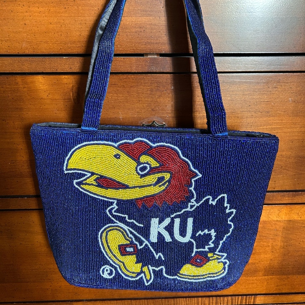 KU JAYHAWK purse with seed beads in a beautiful bright blue